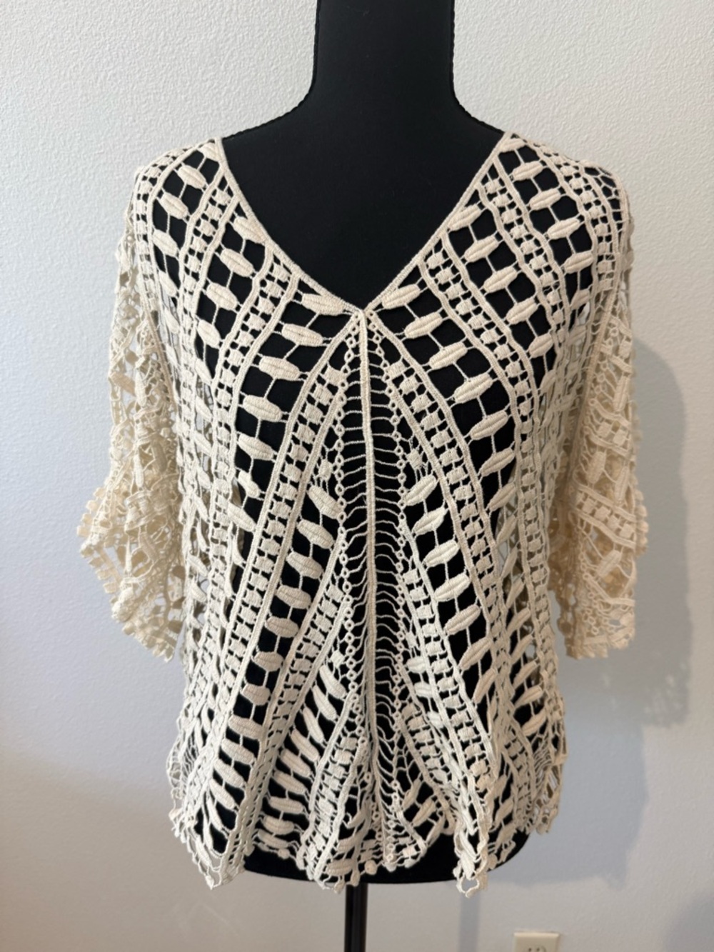 Ark & Co Crochet Openwork V-Neck Top in Cream